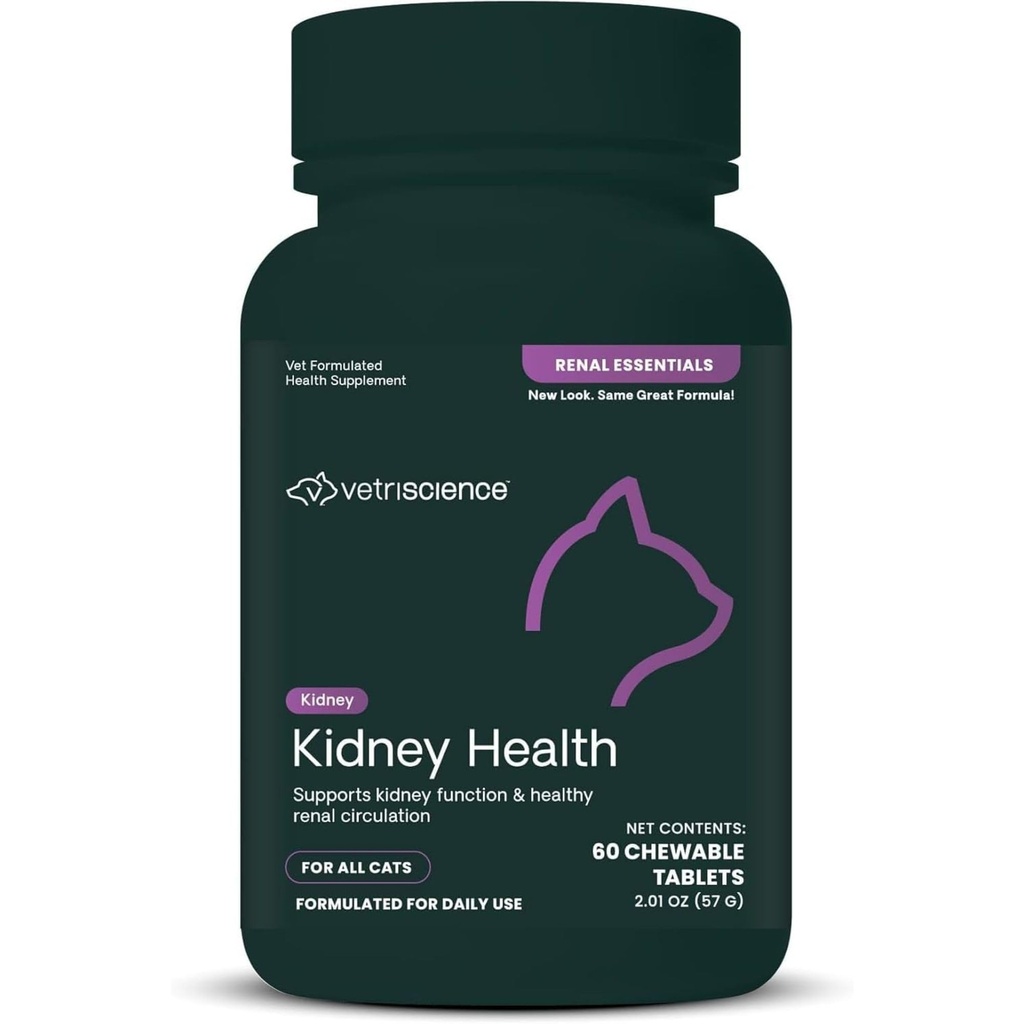 VetriScience Kidney Health Chewable Tablets, Renal Essentials Supplement for Cats, Kidney Care and Support with Mushroom, Astragalus Root, Nettle Seed and Herbs, Chicken and Fish, 60 Count