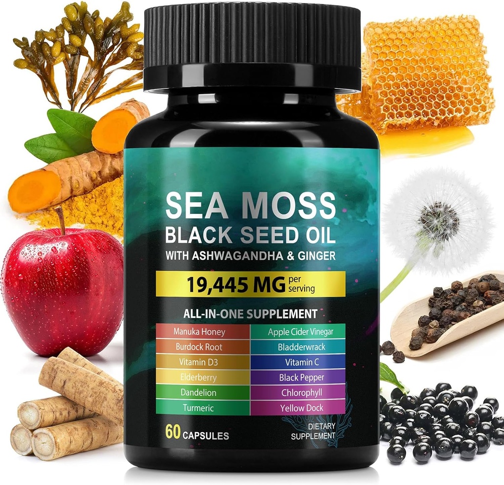 Sea Moss 3000mg Black Seed Oil Capsules 2000mg Ashwagandha Supplementen 1000mg Bladderwrack Turmeric Burdock & Vitamine C & D3 Manuk Honey Dandelion Yellow Dock Chlorofyll ACV