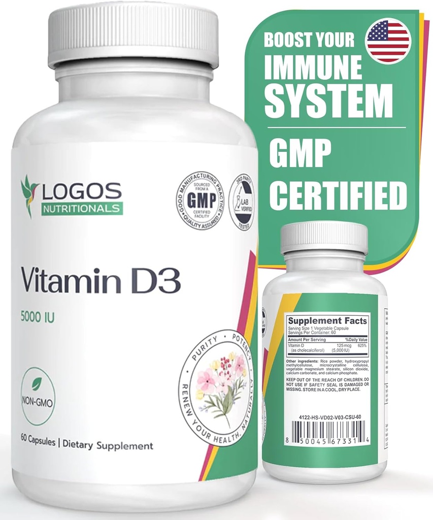 Vitamine D3 Supplement - Vitamine D-5000 IE - Ondersteuning gezonde botten, tanden, spieren, cardiovasculaire en immuunfunctie - zuivelvrije, sojavrije - 60 capsules