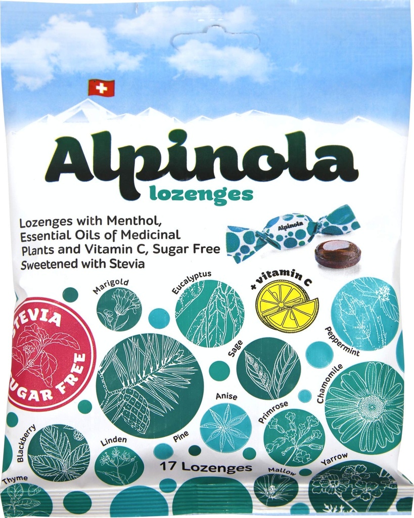 Alpinola Lozenges, Menthol, 20 Kruiden en Vitamine C, Suikervrij Stevia, 17 Tel.