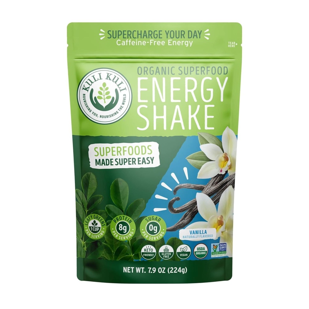 Kuli Kuli Organic Moringa Greens Smoothie Mix - Plant-Based Superfood Protein Smoothie Mix, Vanille, 7.9 Ounce Pouch, Vegan en Gluten-Free met 8g Pea Proteïne en 1 Cup Greens Per Serving