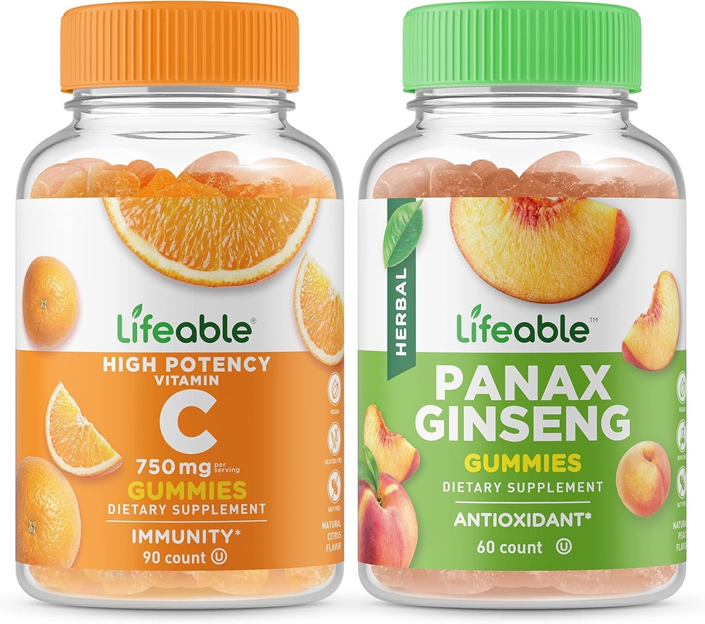 Levensvatbare vitamine C 750mg + Panax Ginseng, Gummies Bundle - Grote Proeverij, Vitaminesupplement, Glutenvrij, GGO-vrij, Kauwgom