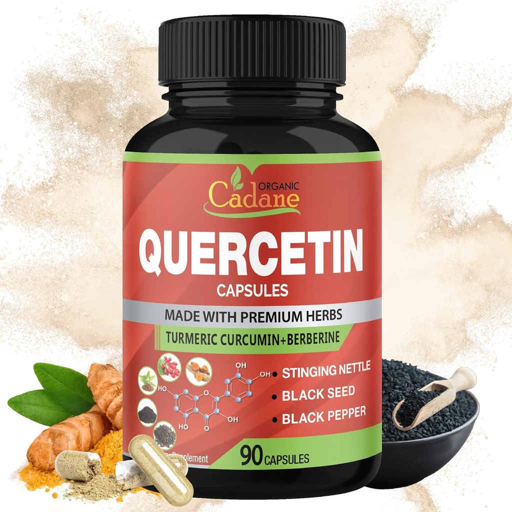 Biologische Cadane Quercetin Extract Capsules, 90 capsules, 3 maanden Levering met Quercetine, Kurkuma Curcumine, Berberine, Nettle, Black Seed Powder, Black Pepper.