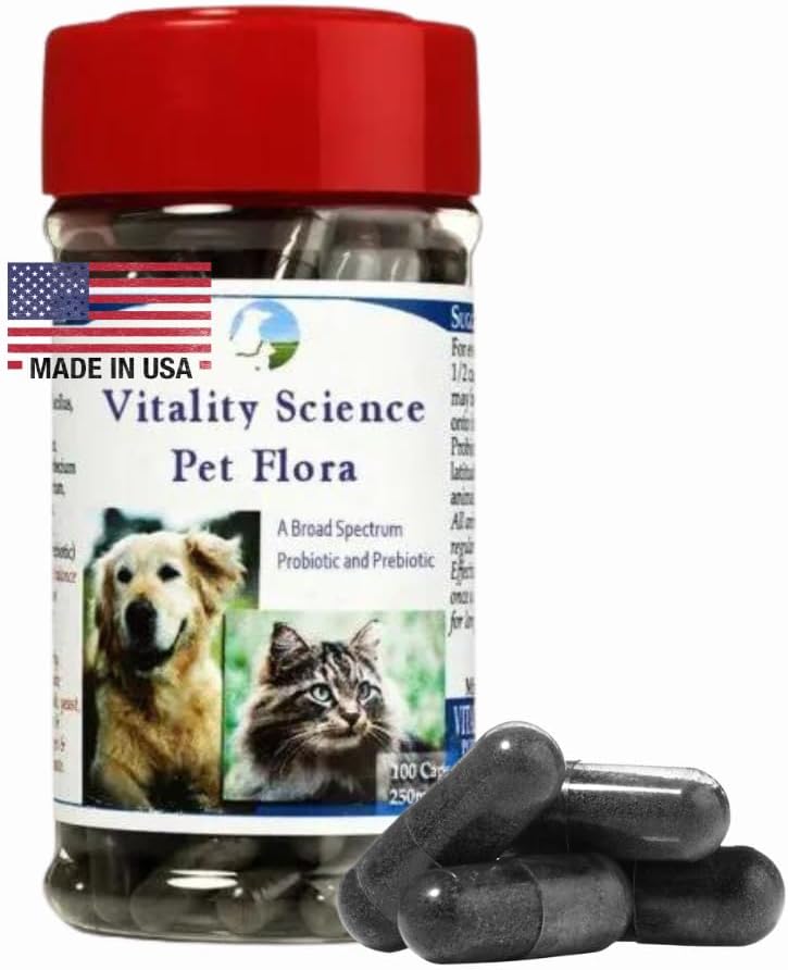 Vitality Science Pet Probiotic for Cats & Dogs | Pet Flora - Great for Diarrhea, Vomiting, Gas, Skin Conditions - Additive Free (100 Caps)