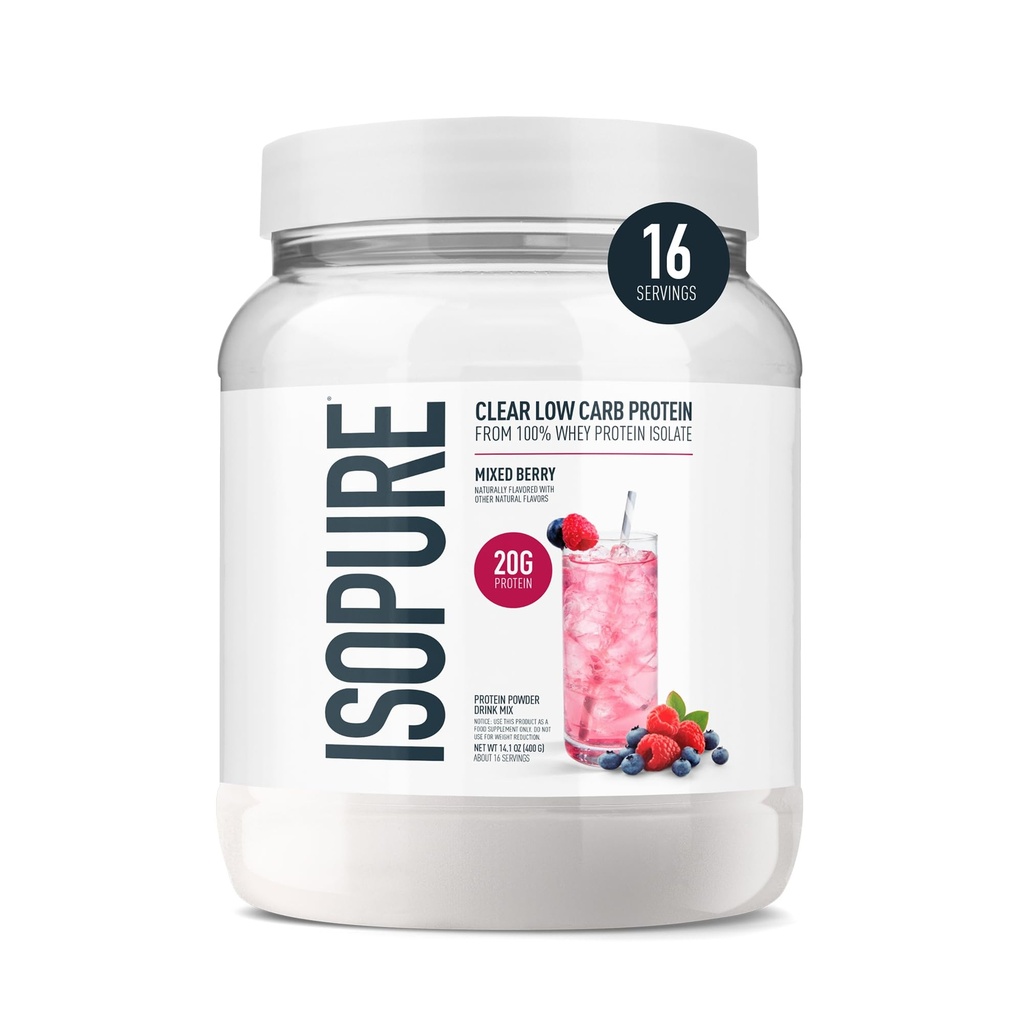 Isopure Clear Whey Isolate Protein Powder, Lactose Free, Gluten Free, Naturally Flavored, Mixed Berry, 20g Protein Per Serving, 14.1 Oz, 16 Servings (Packaging May Vary)
