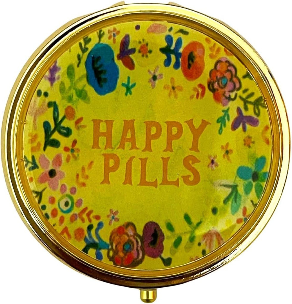 Retro Cute Pill Case Vintage Metal Pill Organizer Portable Compact Pill Box for Purse/Pocket to Hold Vitamines/Tylenol/Supplements/Fish Oil/Meds/Tablet(Happy Pills with Mirror,Round)