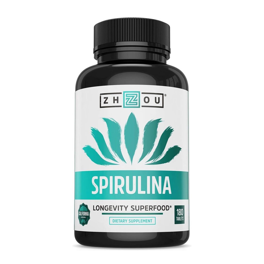 Zhou Spirulina Tabletten - Spirulina Pillen, Groenen Superfood Supplement met Chlorofyl & Blue Spirulina Powder Cognitive & Immune Support, Pure Premium Formula - 180 tabletten