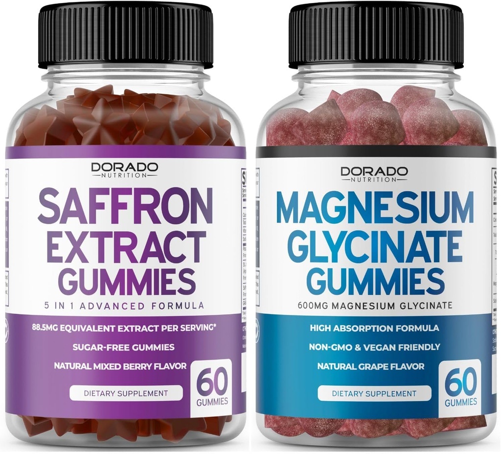 Saffraan Supplementen (60 Gummies) 5 in 1 Geavanceerde Formule Suiker Gratis Gummy - Delicious Raspberry Flavor en Magnesium Glycinate (60 Count) Pure Glycinate Gummy voor volwassenen - Non-GMO, Vegan & USA Made