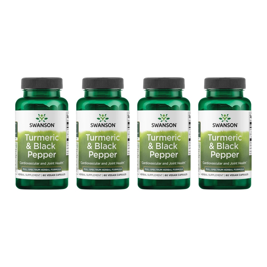 Swanson Kurkuma & Black Pepper - Biologische Joint Health, Heart Health, Digestie, & Lever Ondersteuning Supplement - Natuurlijke formule voor verbeterde biologische beschikbaarheid en absorptie - (60 Veggie Capsules) 4 Pack