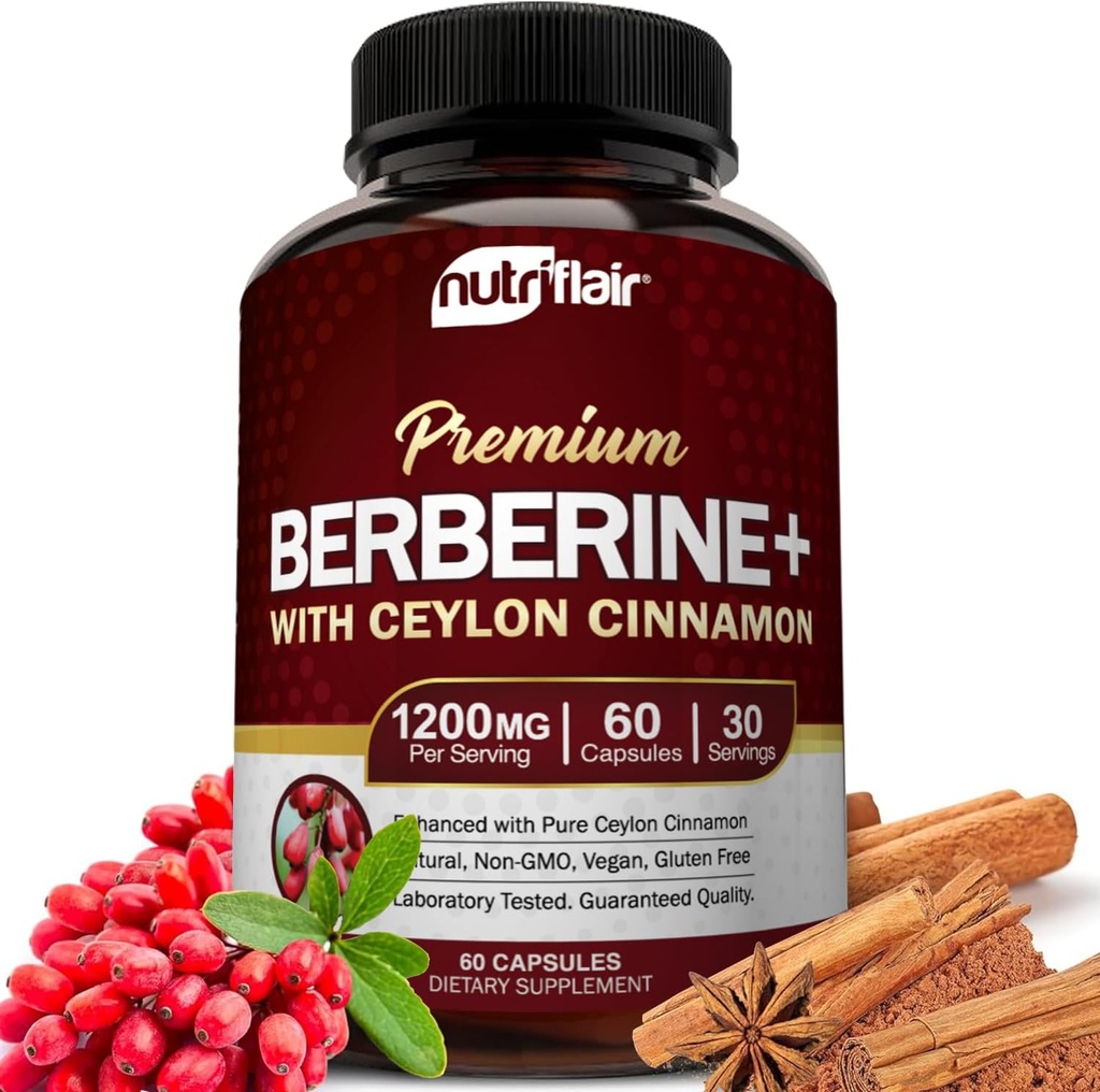 NutriFlair Premium Berberine HCL 1200mg, 60 Capsules - Plus Pure True Ceylon Cinnamon, Supplementen Pillen, Immuun Systeem Ondersteuning