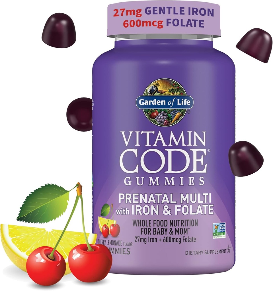 Essentiële prenatale Gummy Vitaminen voor vrouwen met ijzer: Folaat, Biotine, D3 & B12 + Probiotica voor digestie, Vitamine Code Multivitamine, Non-GMO, Glutenvrije, 90 Cherry Lemonade Gummies, 30 dagen levering