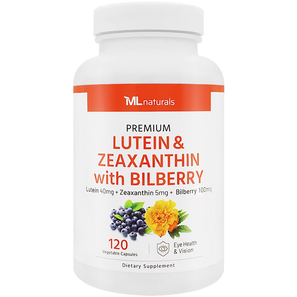 ML Naturals Premium Luteïne & Zeaxanthine met bosbes 120 plantaardige capsules. Lutein 40 mg, Zeaxanthine 5 mg en Bilberry 100 mg. Premium kwaliteit. Gezonde ogen en visie, NSF-gecertificeerd en cGMP-compliant