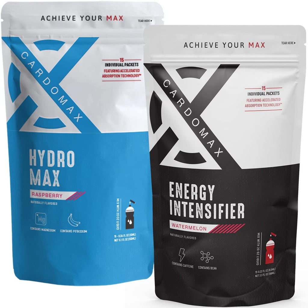 CardoMax - energie-versterker (Watermeloen) & Hydromax vloeibare hydratatie (Raspberry) 30 Packet Bundle