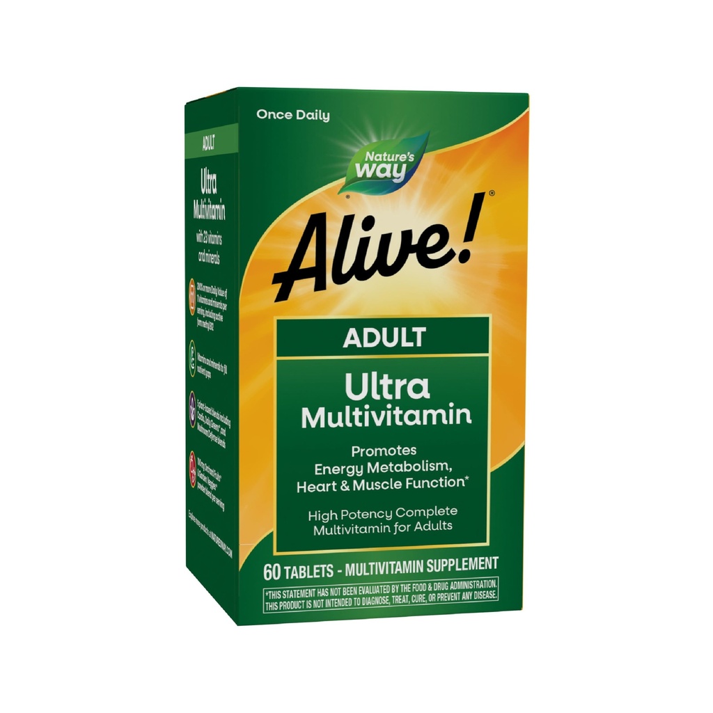 Nature's Way Alive! Volwassen Ultra Multivitaminen, bevordert energie-metabolisme, hart- en spierfunctie*, met B-vitaminen Inclusief Gemethyleerde B12, Glutenvrij, 60 tabletten