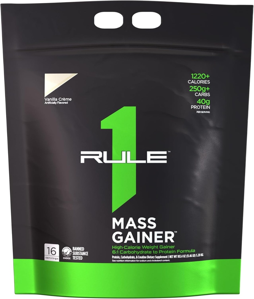 Regel 1 Mass Gainer - High-Calorie Weight Gain Formula met 1.220+ Calorieën, 250g+ Complex Carb Blend, 40g All-Whey Protein Per Serving (16 Servings, Vanilla Crème)