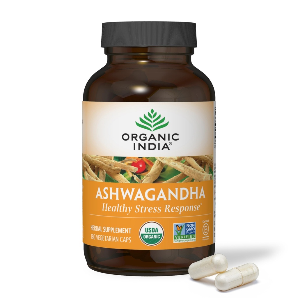 ORGANISCHE INDIA Ashwagandha Capsules - Organische Ashwagandha Supplement - Vegan Ashwagandha Root, Glutenvrij, Kosher, Non-GMO, Ondersteunt Stress Relief, Energie en Slaap - 180 Capsules