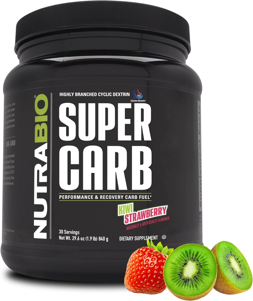 NutraBio Super Carb, Carbohydraat Poeder met Cluster Dextrine & Elektrolyten, Advanced Carb Supplement Powder for Workout Fuel, Performance, and Muscle Recovery, Clostrin, Kiwi Strawberry, 30 Sv