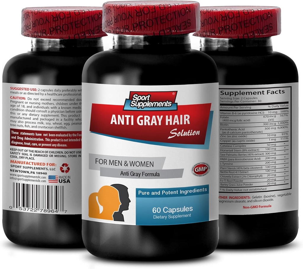 Catalase Complex Anti-Gray Haar pillen - ANTI-GRAY HAIR OPLOSSING - krachtige antioxidant voor haargroei, behoud natuurlijke haarkleur, voorkomen Graying, essentiële voedingsstoffen, 1 fles, 60 capsules