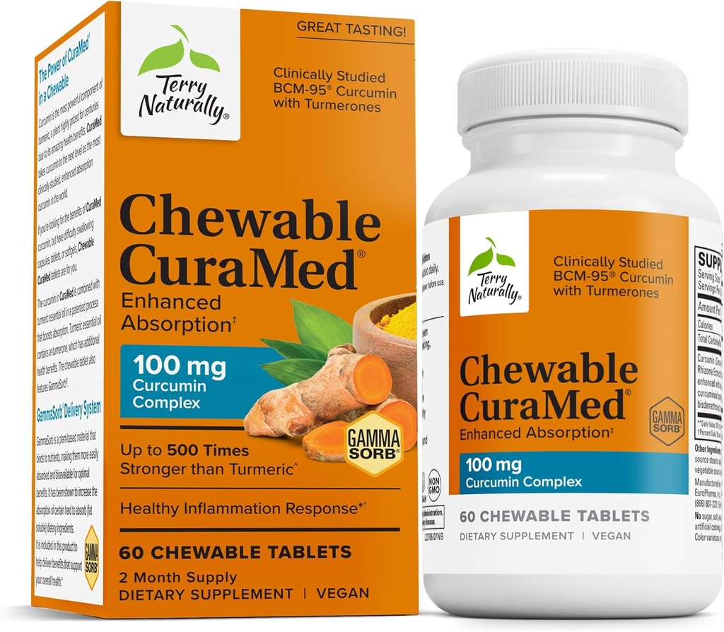 Terry Naturally CuraMed 100 mg Curcumin Complex - Enhanced Absorptie Curcumin Supplement met Kurkuma - Hersenen en Lever Gezondheid Ondersteuning Supplement - Vegan Dieetsupplement - 60 Kauwtabletten