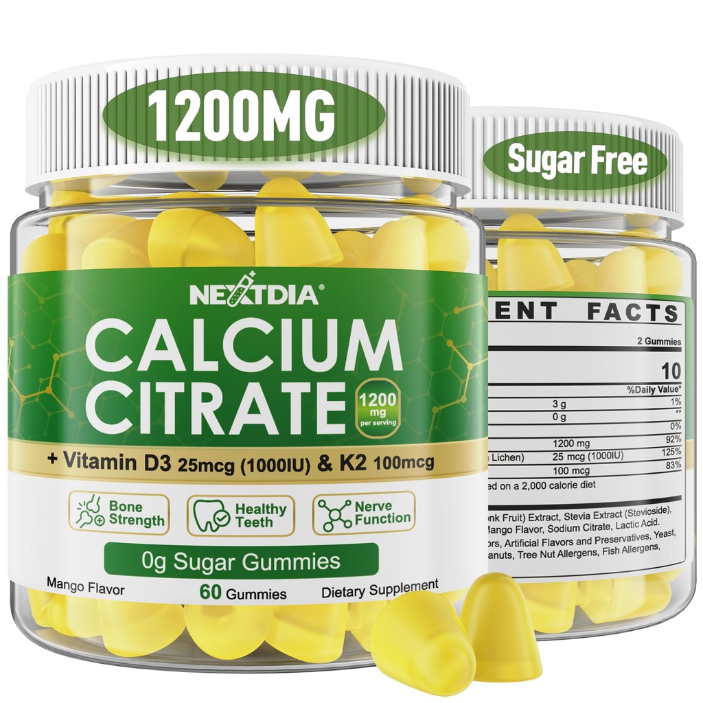 Calcium citraat Gummies 1200mg met vitamine D3 K2, Kauwbare calciumsupplementen voor vrouwen en mannen, hoge potentie ondersteuning B0ne, Te*th, sterkte & Immune Health, Mango smaak, non-GMO, suikervrij, 120 Ct