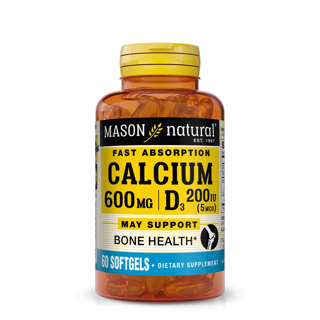 MASON NATUURLIJKE Fast Absorptie Calcium met Vitamine D3 - Versterkt de spierfunctie, ondersteunt gezonde botten en algemene gezondheid, 60 Softgels