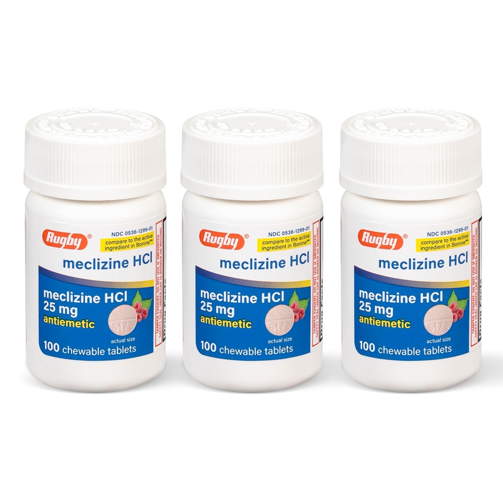 Rugby Meclizine Kauwtabletten 25mg - Anti-Mausea Geneeskunde helpt met bewegingsziekte - 100 Tellen (3 Verpakking)