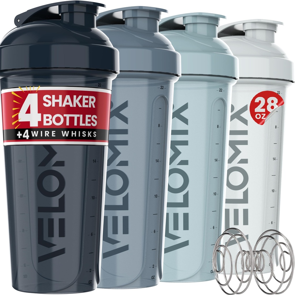 VELOMIX -4 PACK 28 Oz Protein Shaker Bottle for Protein Mixes - 4x Wire Whisk 