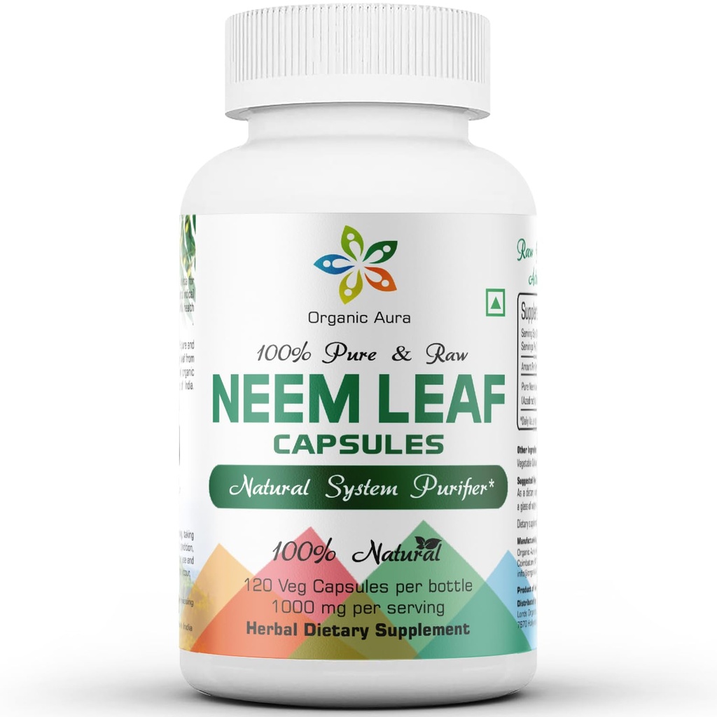 Biologische Aura Neem Capsules. 100% puur en krachtig. Raw Green Whole Superfood. Gemaakt met hele Spectrum Neem bladeren. Miracle Ontgiftende Agent.