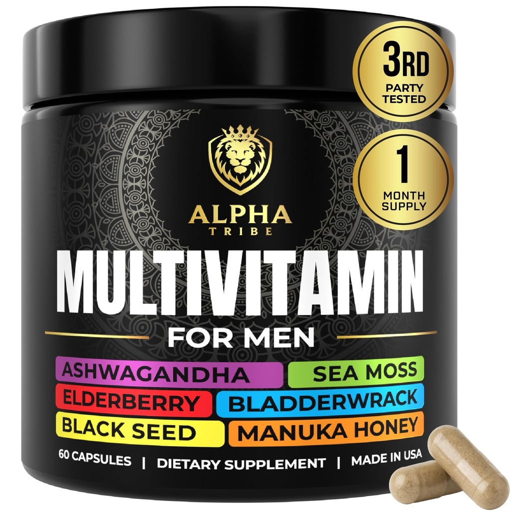 Alpha Tribe Multivitamine voor mannen met Seamoss Black Seed Oil Ashwagandha Burdock Root, Kurkuma Bladderwrack, Vitamine C, Vlierbes, Manuka, Yellow Dock, dagelijkse Mannen Vitaminen en Mineralen Supplement