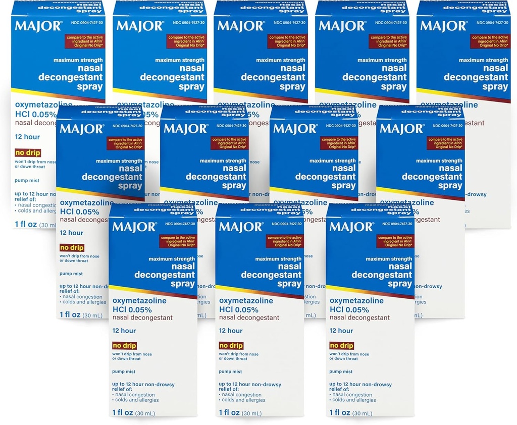 MAJOR maximale sterkte Neus decongestant Spray, Oxymetazoline HCl 0,05% Pump Mist, Non-Drowsy neusspray, tot 12-uurs verlichting van nasale congestie, verkoudheid en allergieën 1 Fl. Oz. (12-pack)