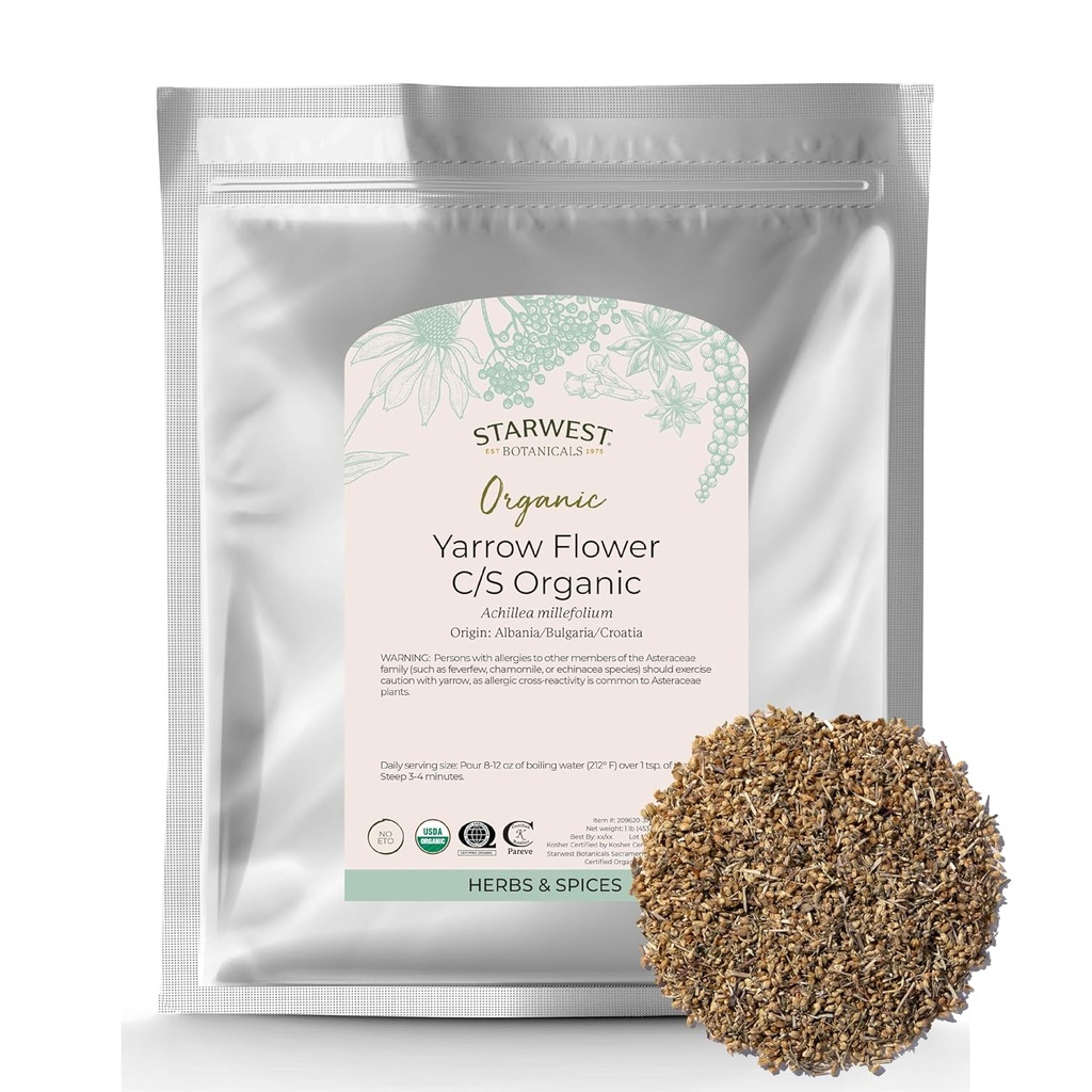 Starwest Botanicals Biologische Yarrow Flowers - Gedroogde Loose Leaf Herb voor thee, Tinctures, & Natural Wellness, Cut & Sifted, Certified Kosher, Non-GMO - Bulk 1 lb Bag
