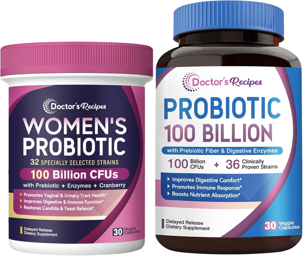 Recepten voor artsen Vrouwen Probiotica & Probiotica 100 Miljard CFUs Bundel, Vaginale & Urinaire Gezondheid, Digestieve Comfort voor mannen en vrouwen, Plank Stabiel, Vertraagde Release