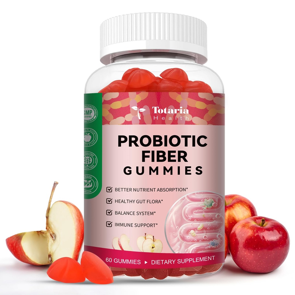 Totaria 9-in-1 Probiotic Fiber Gummies for Adults & Teens 16G Fiber per Serving, Psyllium Fiber Supplement with 5 Miljard CFU Bacillus Coagulans, Inulin, ACV for Digestief & Gut Wellness - 60 Gummies