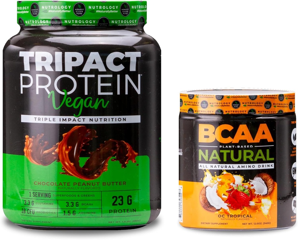 Nutrologie TRIPACT Vegan Protein Powder, voor Vegan Protein Shakes, Chocolade Pindakaas (20 porties) BCAA Natural, Plant Based BCAA Powder, Orange Coconut Flavor (30 porties)