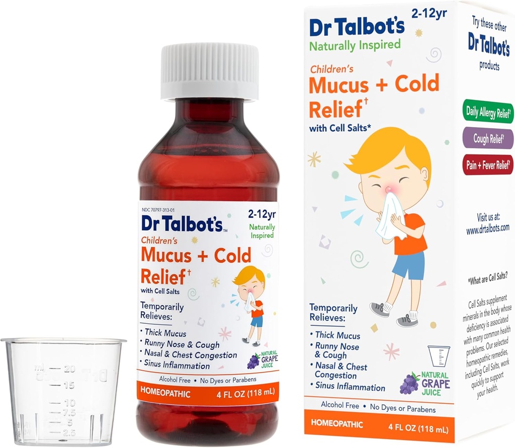 Dr. Talbot's Mucus + Cold Relief Liquid Medicine, natuurlijk geïnspireerd, voor kinderen, Inclusief dosering beker, natuurlijke druivensap smaak, 4 Fl Oz