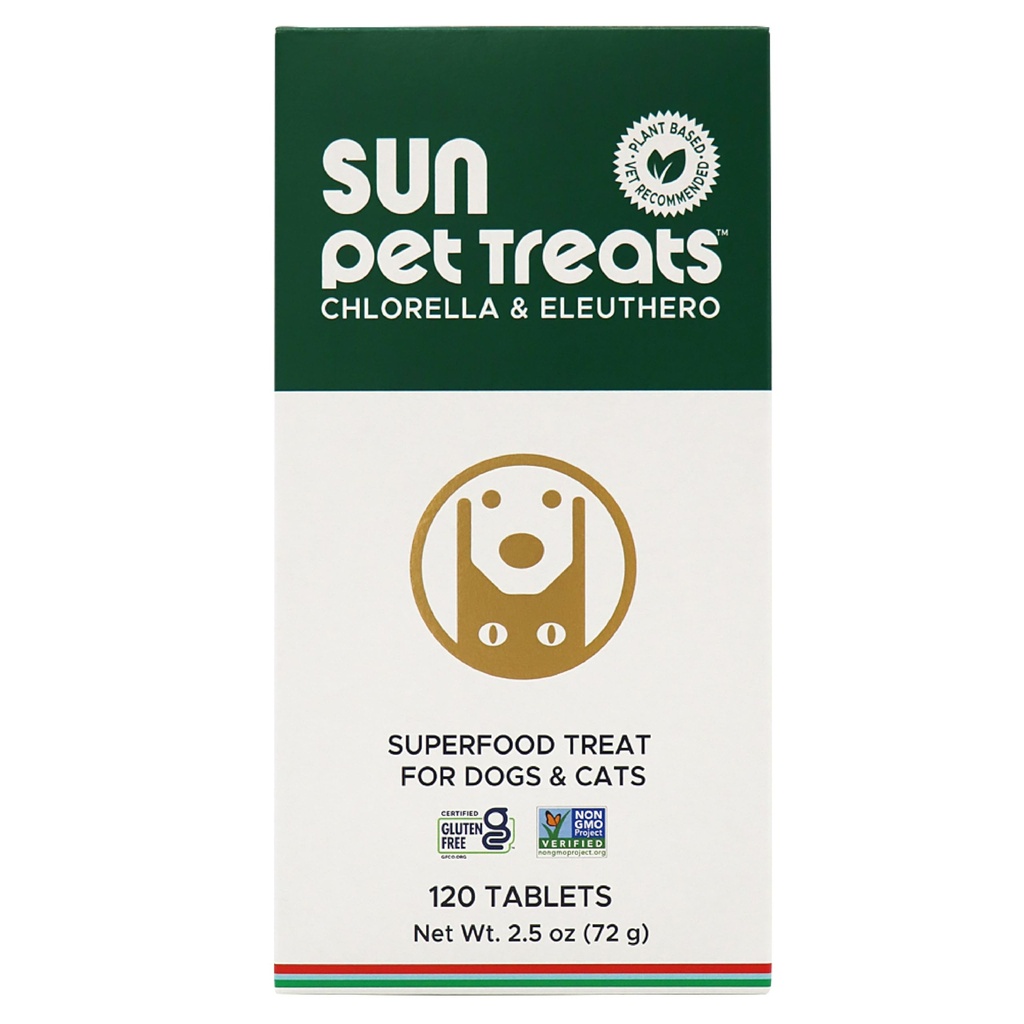Sun Chlorella Sun Pet Treats Green Superfood Cat & Hond Supplement - Chlorofyl Eleuthero & Lecithin, Mineralen, Antioxidanten & Vitaminen voor honden en katten - Immune Defense, Skin & Gut Health - 120 Bites