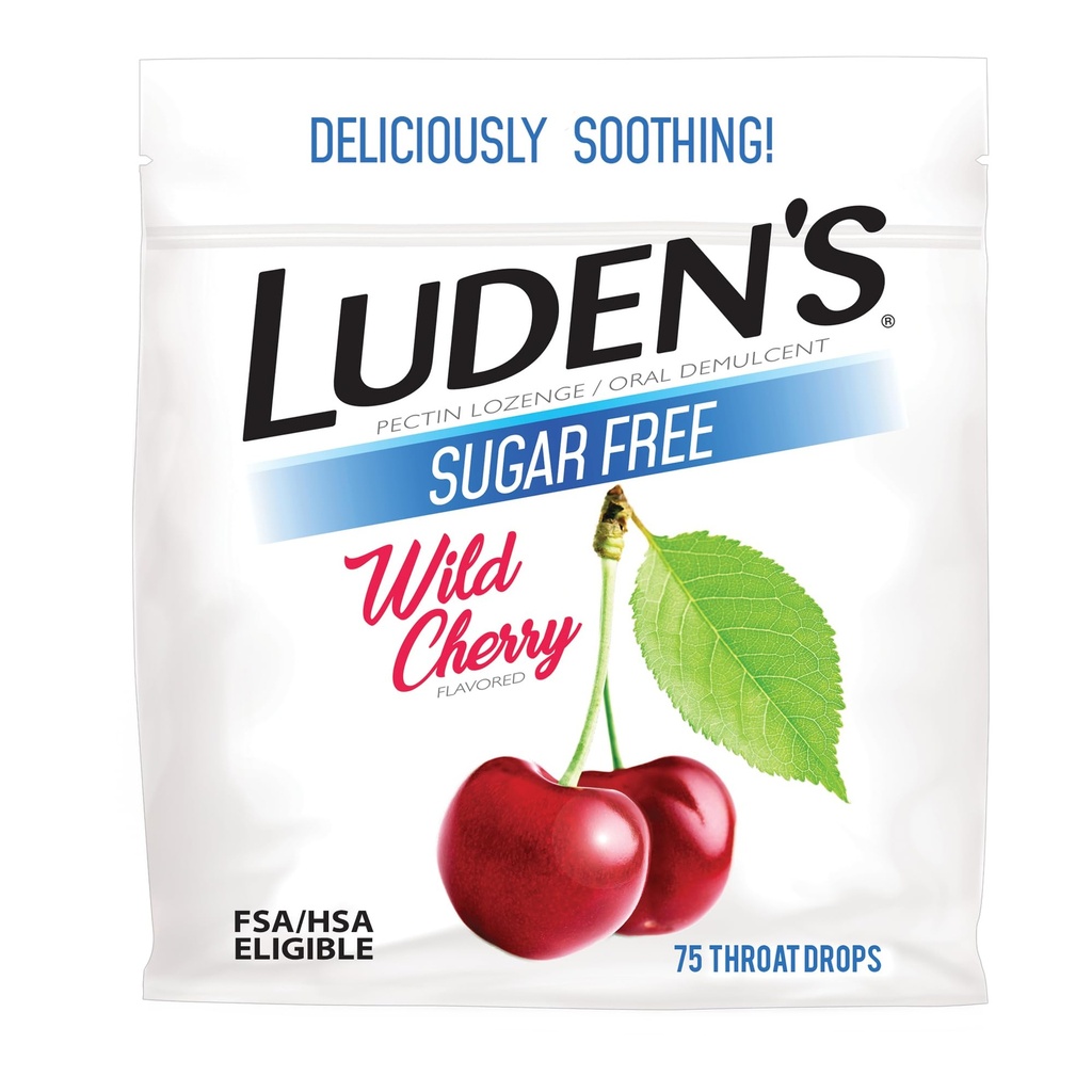 Luden's Sore Throat Relief Lozenges for Minor Everyday Irritation & Dry Mouth, Sugar Free Wild Cherry Flavored Drops, 75 Count