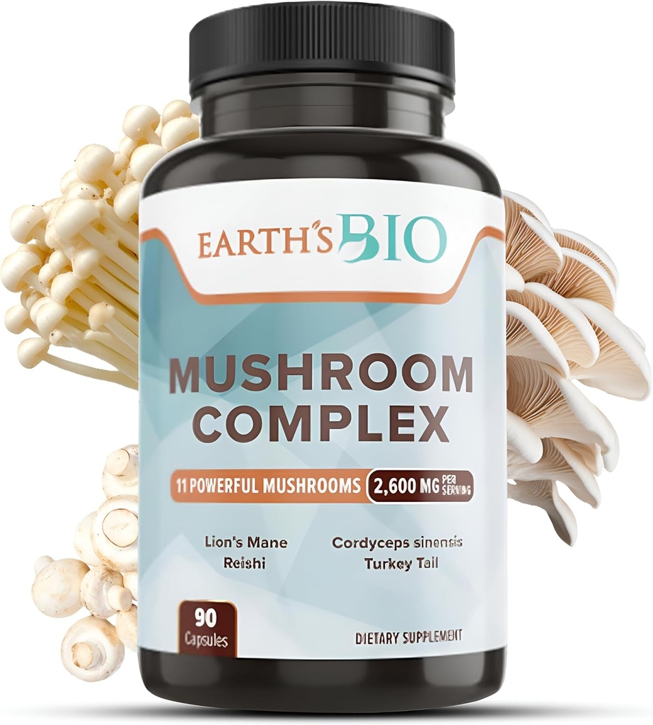 Earth's Bio Mushroom Supplement Complex 2.600 mg per Serving, 90 Caps, met biologische Lion's Mane Mushroom, Turkije Tail, Enoki Agaricus, White Button & Oyster Mushroom - Geheugen & Immune Ondersteuning