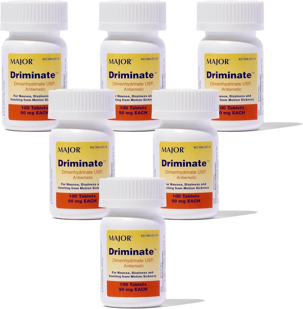 MAJOR Driminaat - Dimenhydrinaat 50mg Motion Disease Tablets - Anti-Mausea Medicine - 100 Tablets (6 Pack)