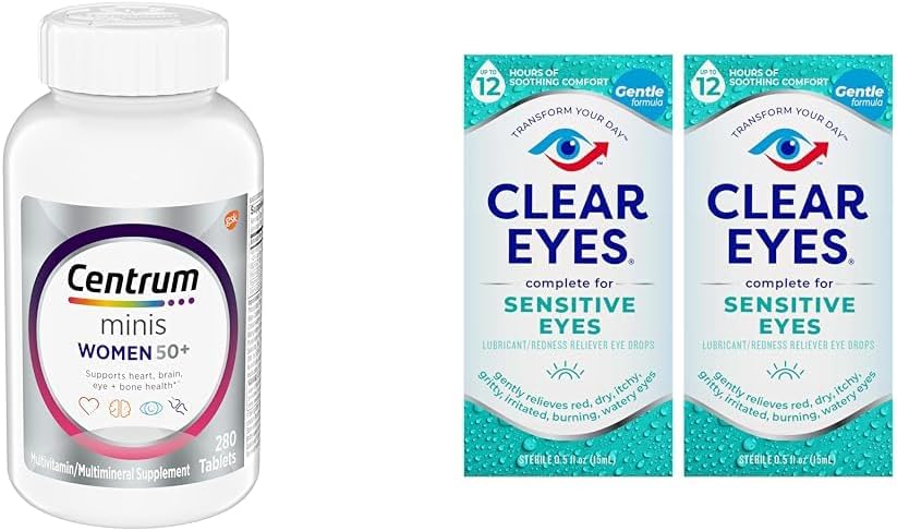 Centrum Minis Silver Women's Multivitamine for Women 50 Plus, Multimineral Supplement met vitamine D3, B Vitaminen, Non-GMO Ingrediënten, Ondersteunt geheugen en cognitie bij oudere volwassenen - 280 Ct & Clear Eyes, gevoelige ogen, oogdruppels, 0,5 Oz, 2 Pack