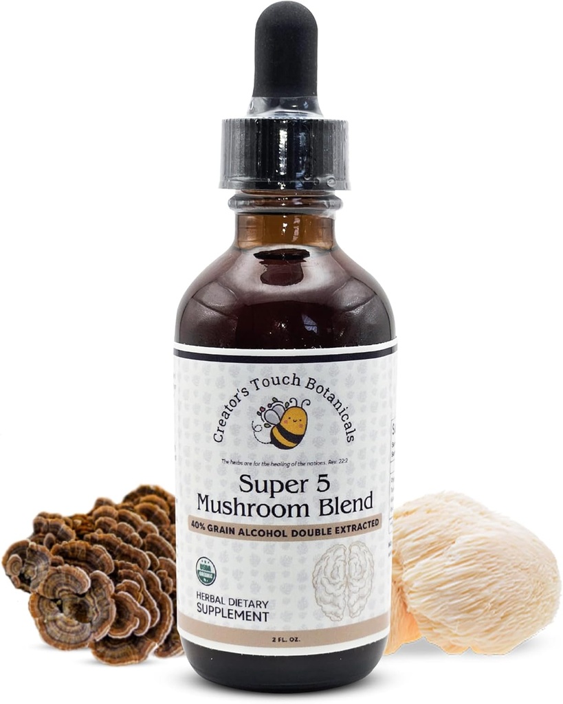 Creator's Touch Botanicals, Super 5, Mushroom, Blend 2 fl oz met Reishi, Turkey Tail, Lions Mane, Chaga en Maitake Paddenstoelen voor Immune Ondersteuning. Dubbele extractie, Macerated.