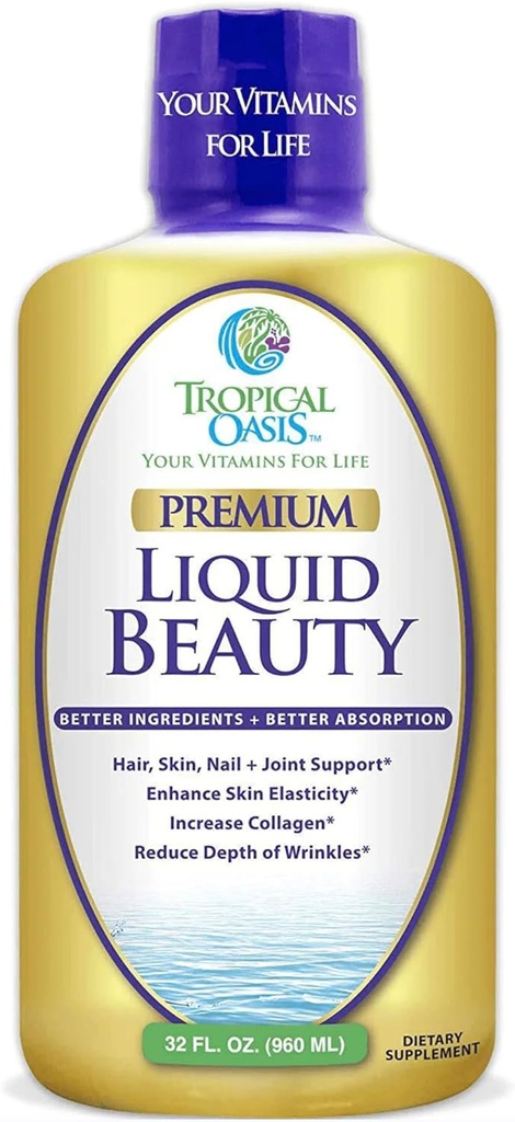 Tropische Oasis - vloeibare schoonheid supplement voor haar, huid, & nagelgroei - Biotine + gehydrolyseerde collagen (32 porties)
