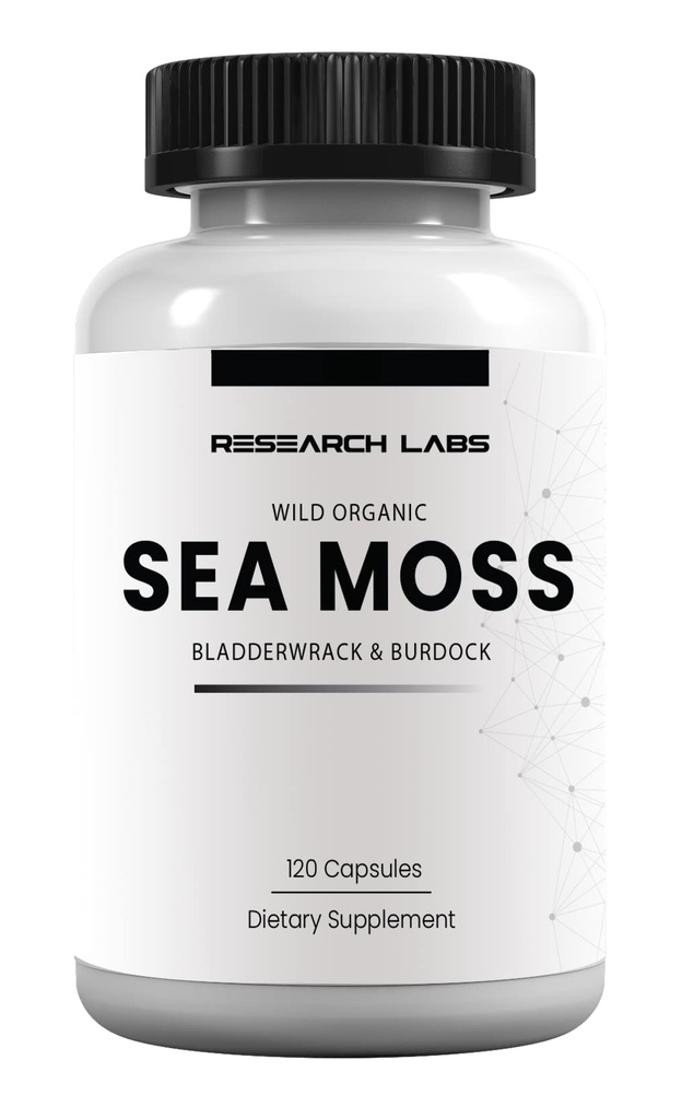 Research Labs Organic Irish Sea Moss Capsules, Raw Wildcrafted Seamoss Enhanced w/Bladderwrack & Burdock Root 120 Total Pills Antioxidant Powerhouse. Thyroid Support.
