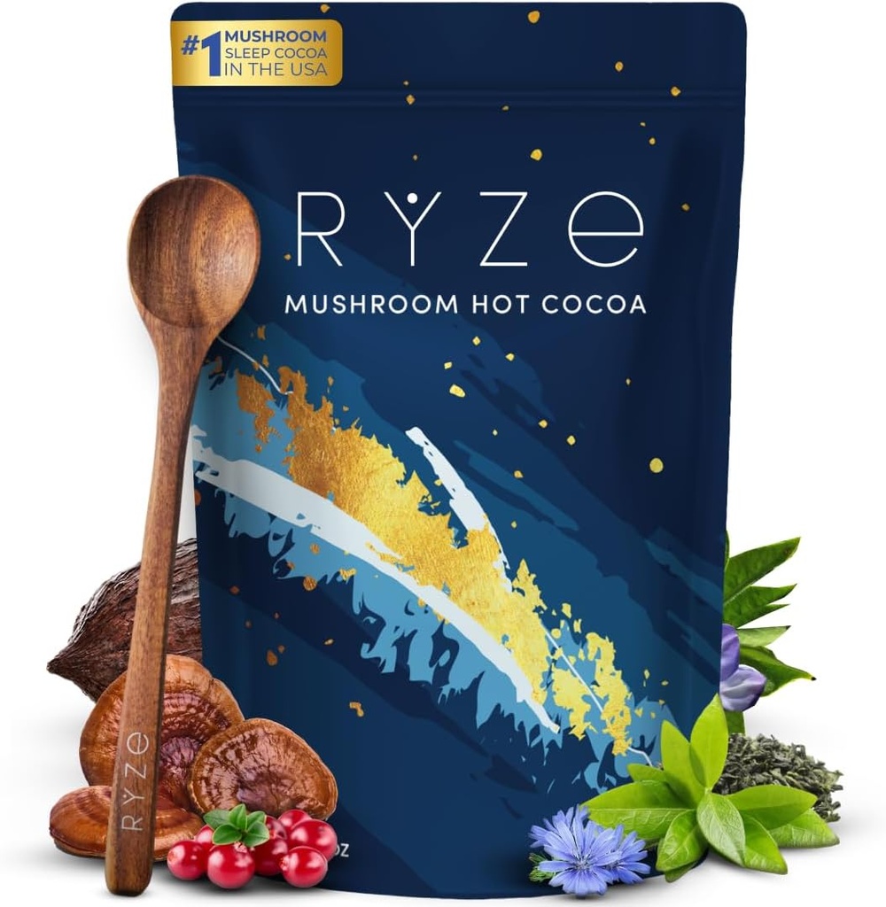 RYZE SUPERFOODS Mushroom Hot Cocoa Melatonin Sleep Supplement, Keto Cocoa Powder with Reishi Mushroom, Melatonin, Glycine, Cacao, L-Theanine, Chicory to Help Fall Asleep and Stay Asleep, 20 Servings