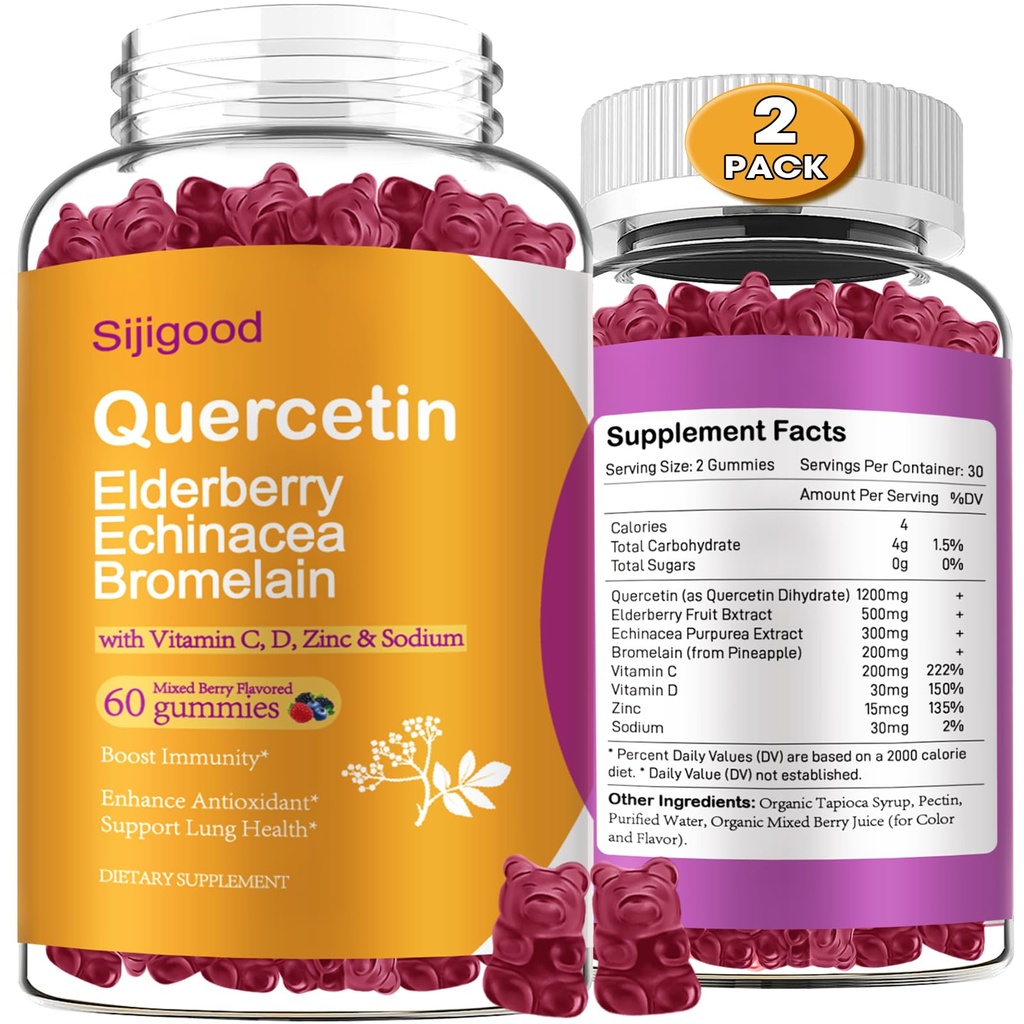 2 verpakkingen Quercetine met bromelaïnegom, vlierbessen, echinacea, vitamine C D Zink - Immuun systeem ondersteuning 120 aantal Pure quercetine supplementen Gummies voor kinderen & volwassenen