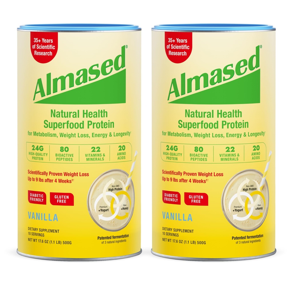 Almased Vanille Maaltijd Vervangingsshake - Low-Glycemic High Plant Base Protein Powder- Nutritional Weight Support Supplement - Vanille Smaak - 17,6 oz (1.1 Pond (2 Pack))