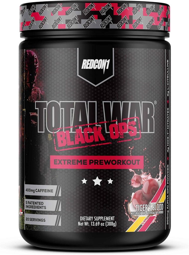 REDCON1 Total War Black Ops Extreme Preworkout Powder, Tigers Blood, High Sticulant, 400 mg Cafeïne, NO3-T Nitraten + L-Citrulline, Verhoog de bloedstroom, Spierpompen (20 porties)