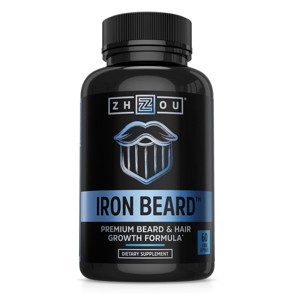 Zhou IJzeren Baard - Baardgroei Vitaminen Mannen, Premium Biotine, Zag Palmetto & B Vitamine Pillen ter ondersteuning van gezichtshaar, baardverzorging supplement voor volledige baard - 60 Veggie Capsules