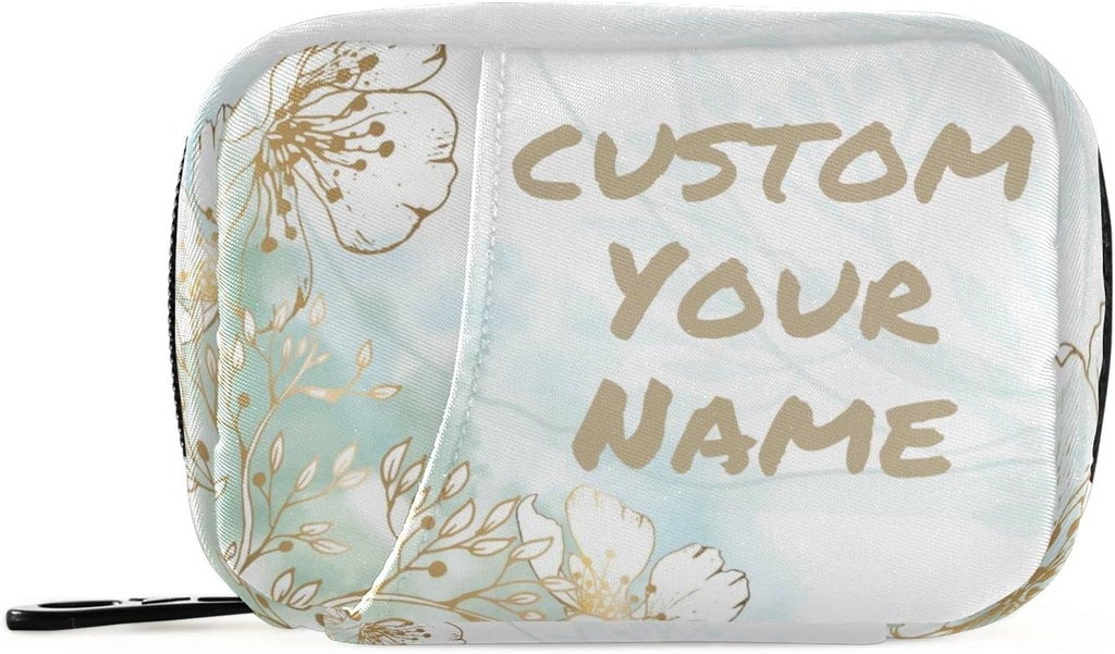 Custom Pill Box 7 Day Pill Case Bag Golden Flowers Personalized Name Travel Pill Organizer Bag with Zipper Portable Weekly Case Compact Size for Vitamin Supplement Holder