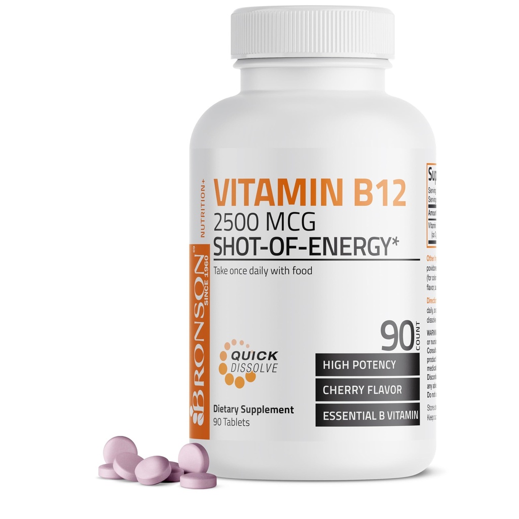 Vitamine B12 2500mcg Shot van energie snel oplossen Kauwbare tabletten - snelle release Cherry Flavored Sublingual B12 Vitamine - Ondersteunt zenuwstelsel, gezonde hersenfunctie Energieproductie 